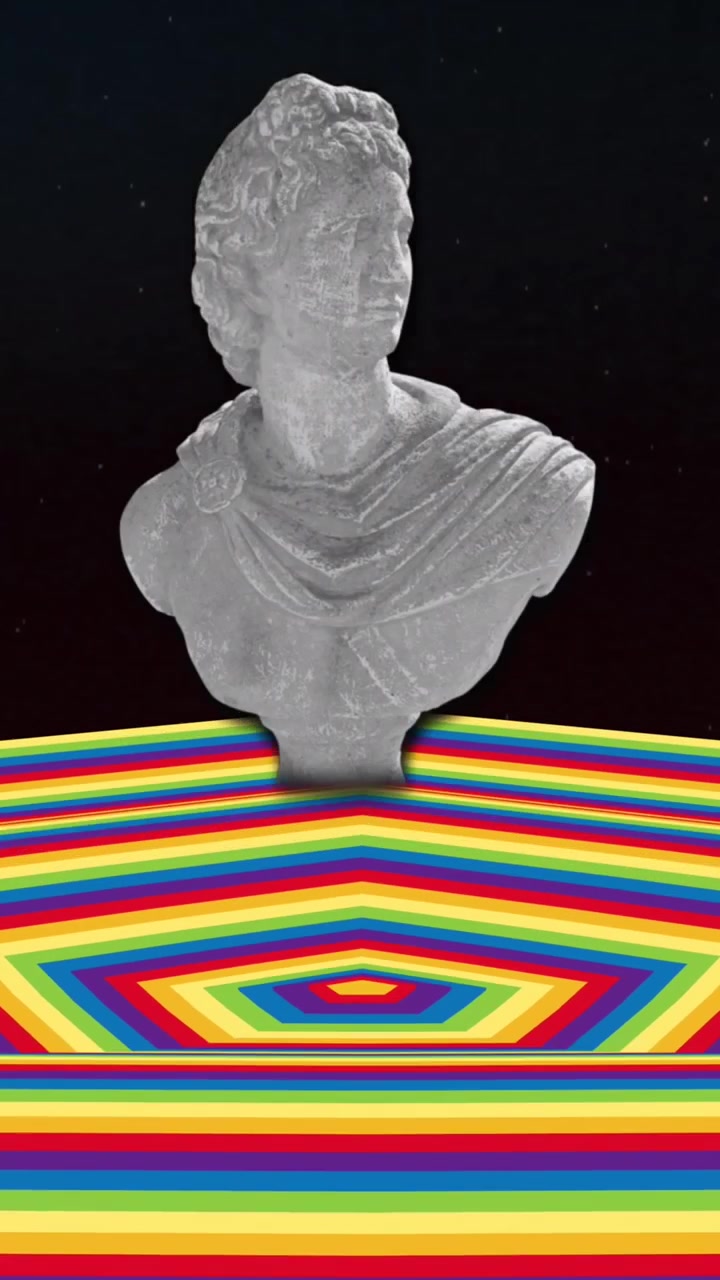 Animazione di una statua su una superficie esagonale colorata in movimento con sfondo scuro