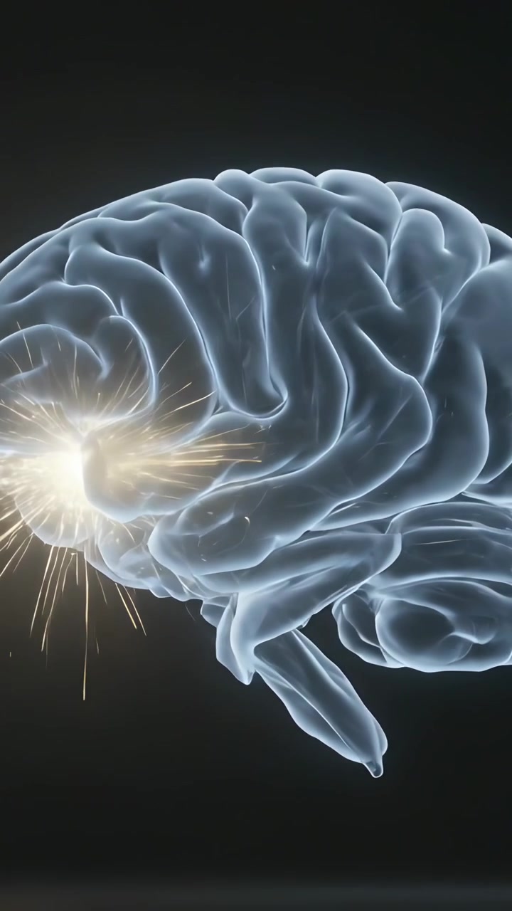 Vertical video: Rotating 3D brain on dark backdrop showing glowing burst and sparks tracing cortex