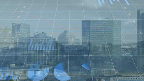 animation of statistical data processing over grid network against aerial view of cityscape