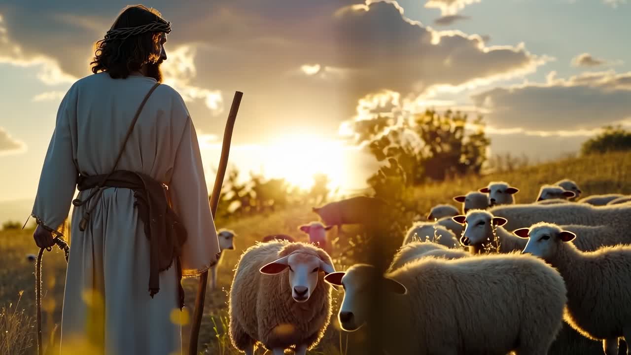 Gesù Cristo come il Buon Pastore con il Suo gregge al tramonto.