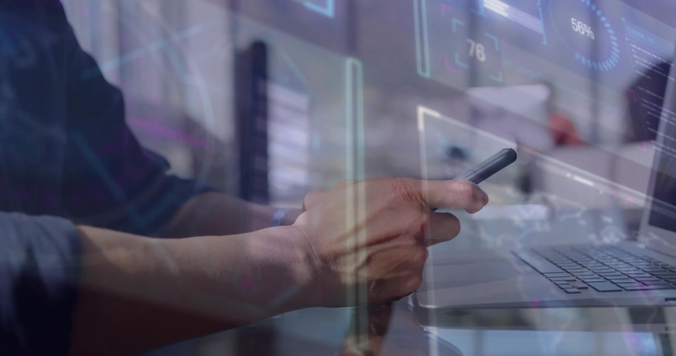 Data overlays fading initiating rising progress circles while hand tapping phone monitoring metrics