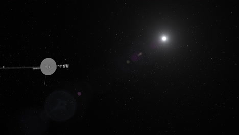 voyager 1 viajando al espacio profundo con destellos solares distantes y fondo de estrellas 4k