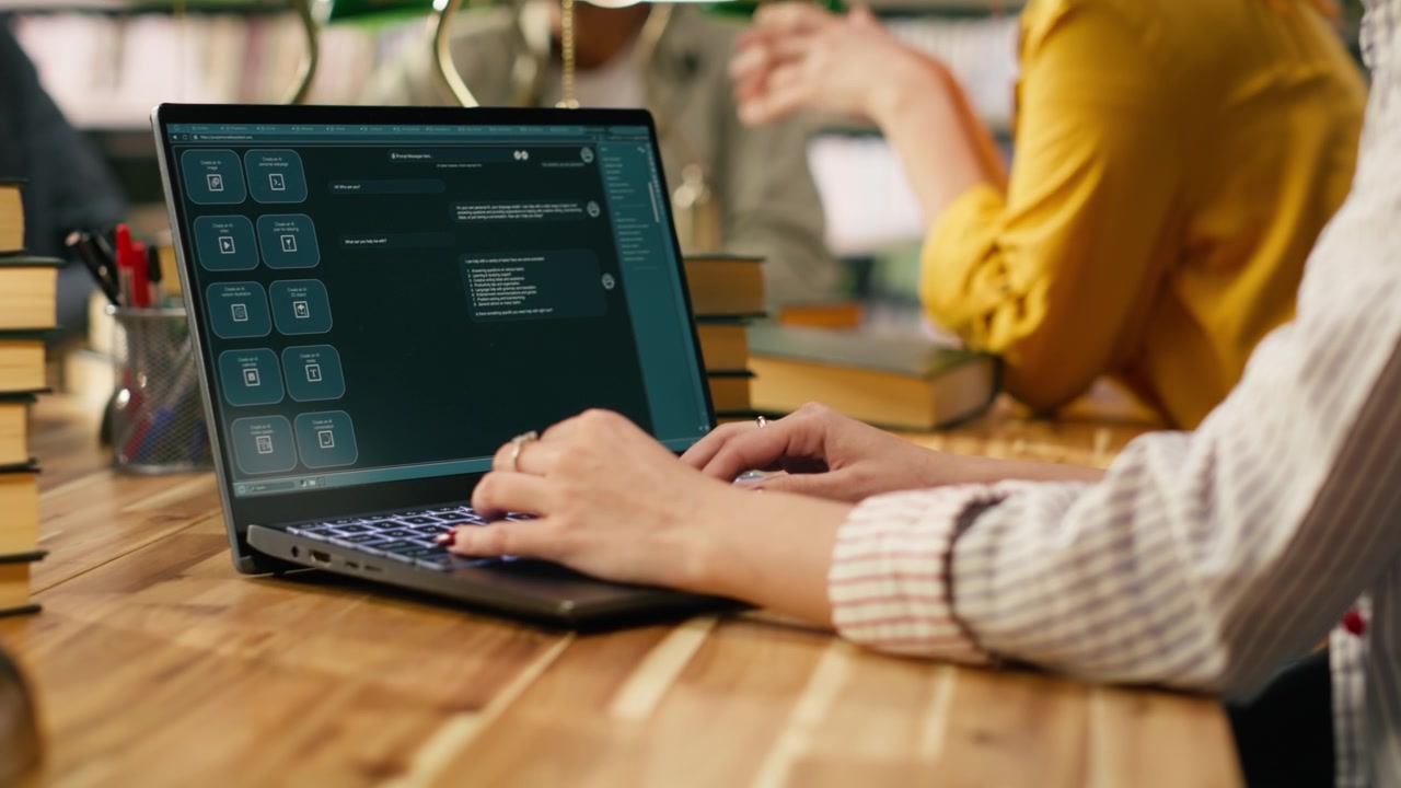 Student using AI study assistant interface on laptop during group study session