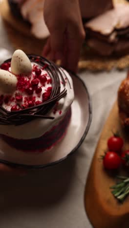 easter dessert with chocolate nest and white chocolate eggs