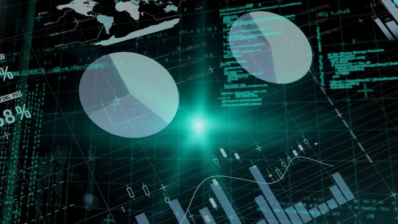 animación del procesamiento de datos y diagramas sobre fondo negro