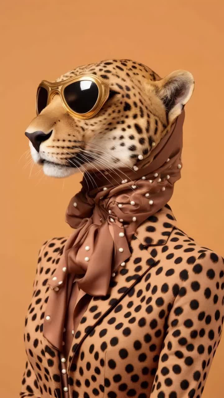 A stylish cheetah in sunglasses and a scarf poses against an orange backdrop