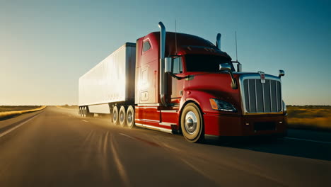 red semi-truck on open highway at sunset