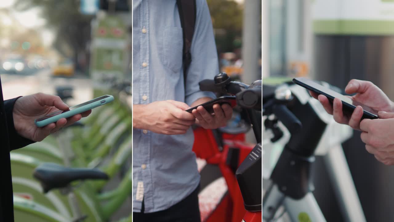 personas que usan teléfonos inteligentes cerca de bicicletas públicas