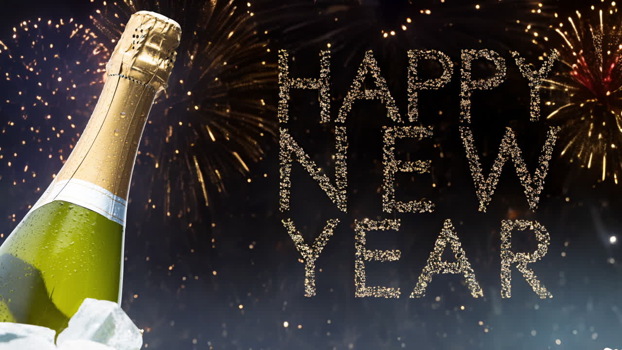 Silver glitter New Year cinemagraph with champagne and fireworks.