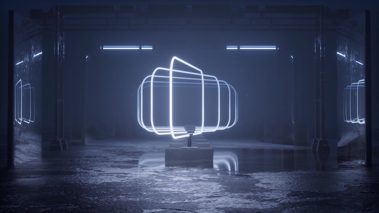 Installazione astratta di luci al neon che ruota in uno spazio industriale buio