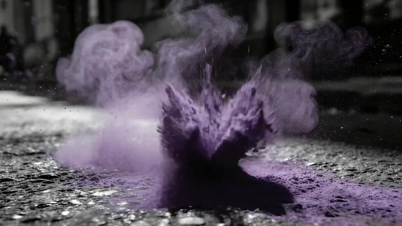 Pila di polvere viola che erutta reagendo a un impatto invisibile, inviando una densa colonna di fumo su asfalto texturizzato.