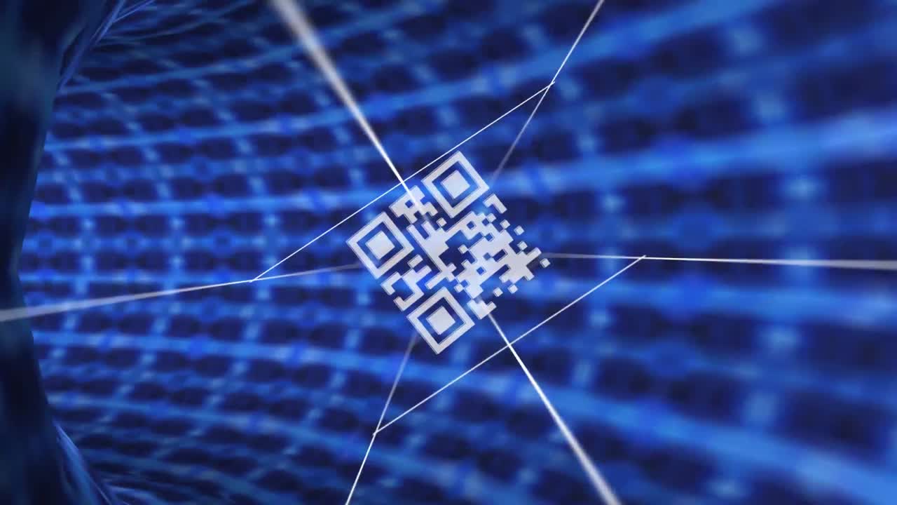 escáner de código qr y red de conexiones contra el túnel brillante azul