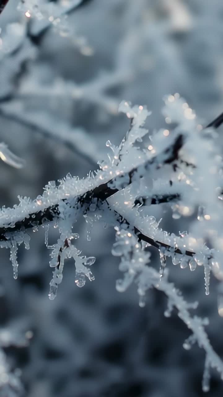 Vertical video: Melting hoarfrost forming falling droplets along branch in garden in morning light