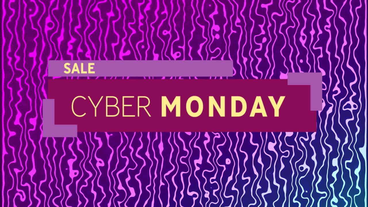 Animation of cyber monday sale text in yellow letters over neon purple waving lines