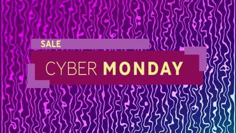 animation of cyber monday sale text in yellow letters over neon purple waving lines