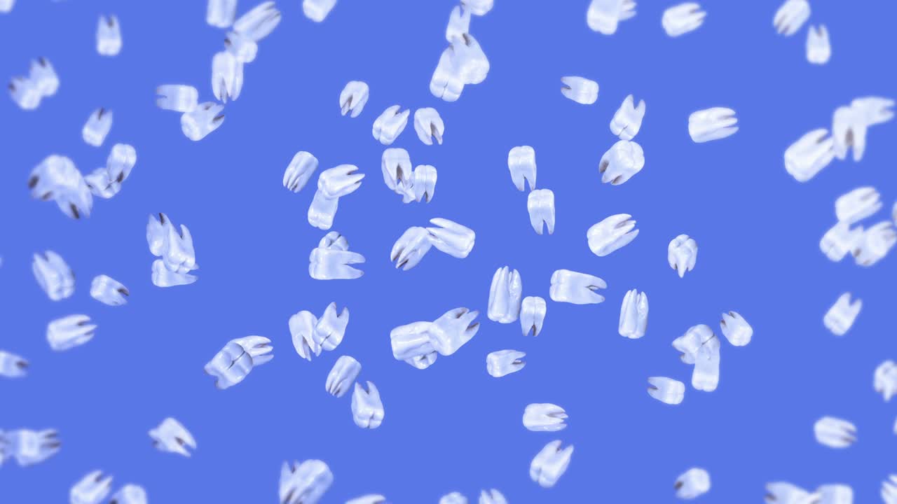 volando muchos dientes blancos sobre un fondo azul. concepto de cuidado dental. animación 3d de la rotación de los dientes. animación de bucle.