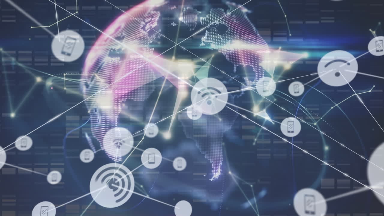 animación del procesamiento de datos y globo sobre fondo azul