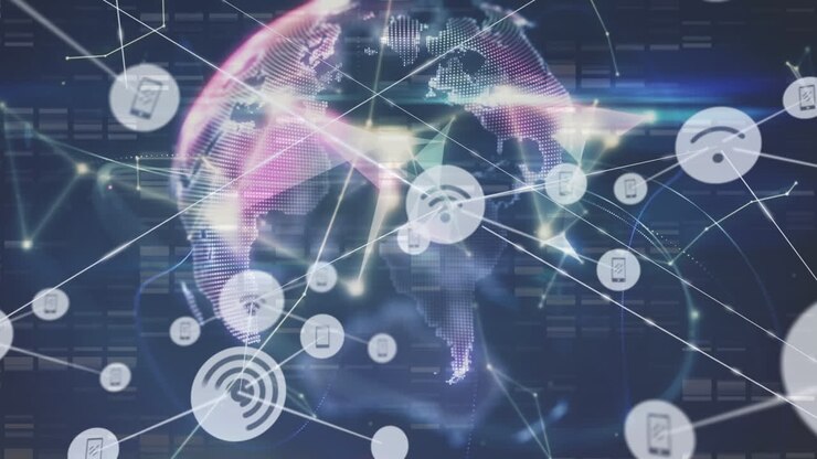 Animation of data processing and globe over blue background
