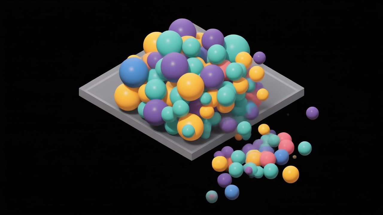 3D Animation of Colorful Spheres Accumulating and Falling off a Platform