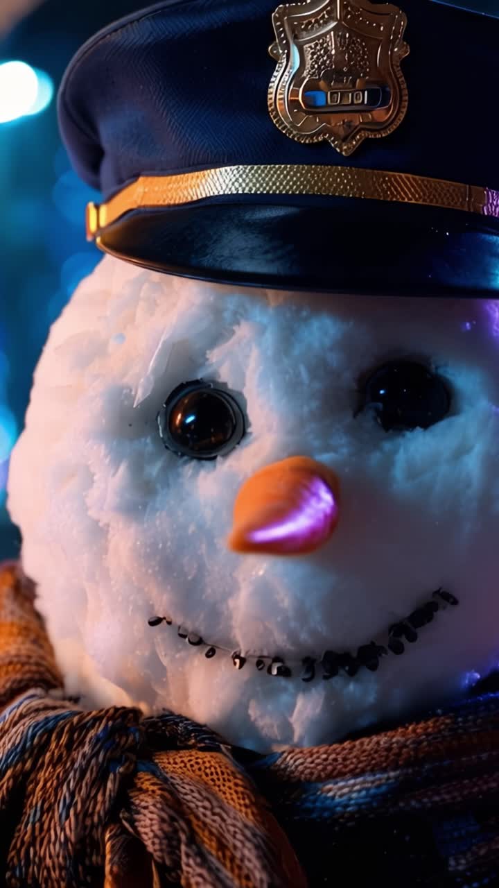 A festive snowman dressed as a police officer, complete with a shiny badge and a colorful scarf, stands out against a vibrant holiday backdrop of twinkling lights