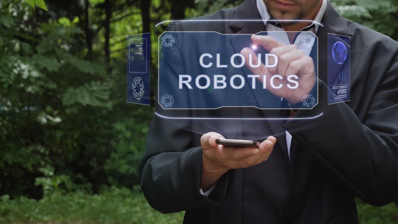 İş adamı, 'Bulut Robotik' yazılı bir hologram kullanıyor.
