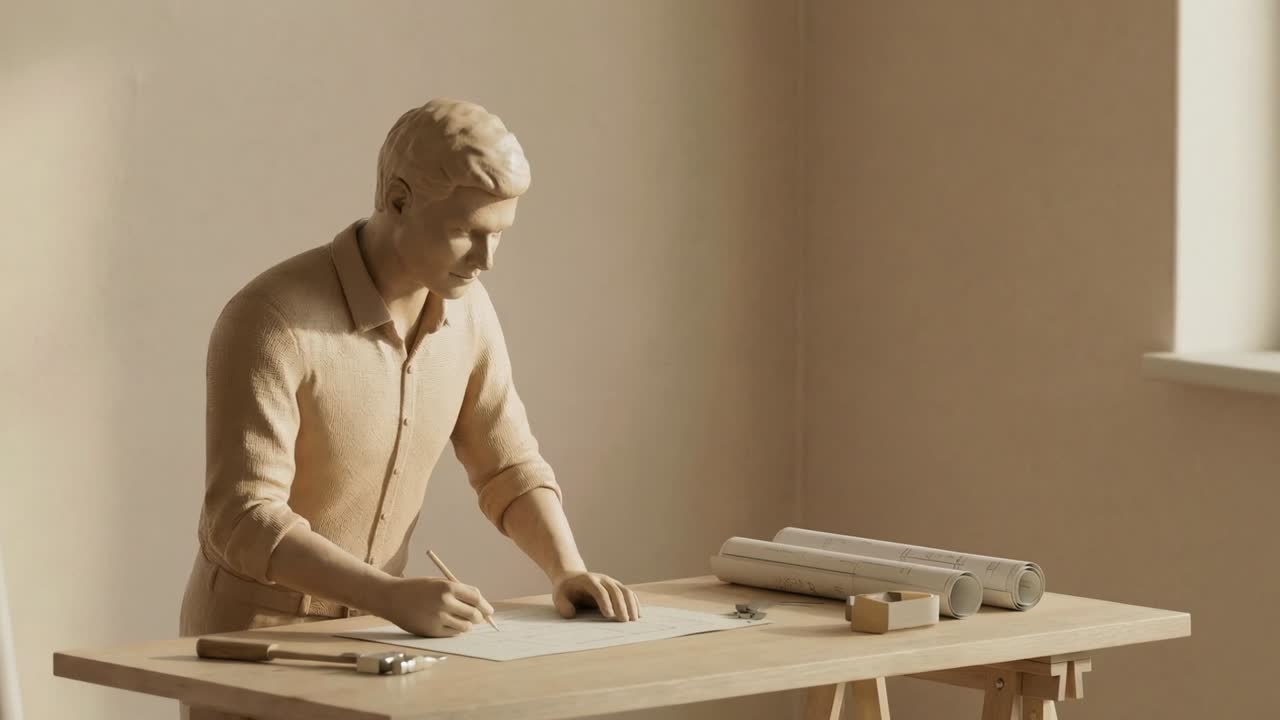 Figura in legno di un uomo che disegna progetti su un banco da lavoro con attrezzi e progetti arrotolati accanto a una finestra