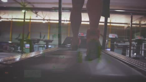 animation of statistics and data processing over man running on treadmill