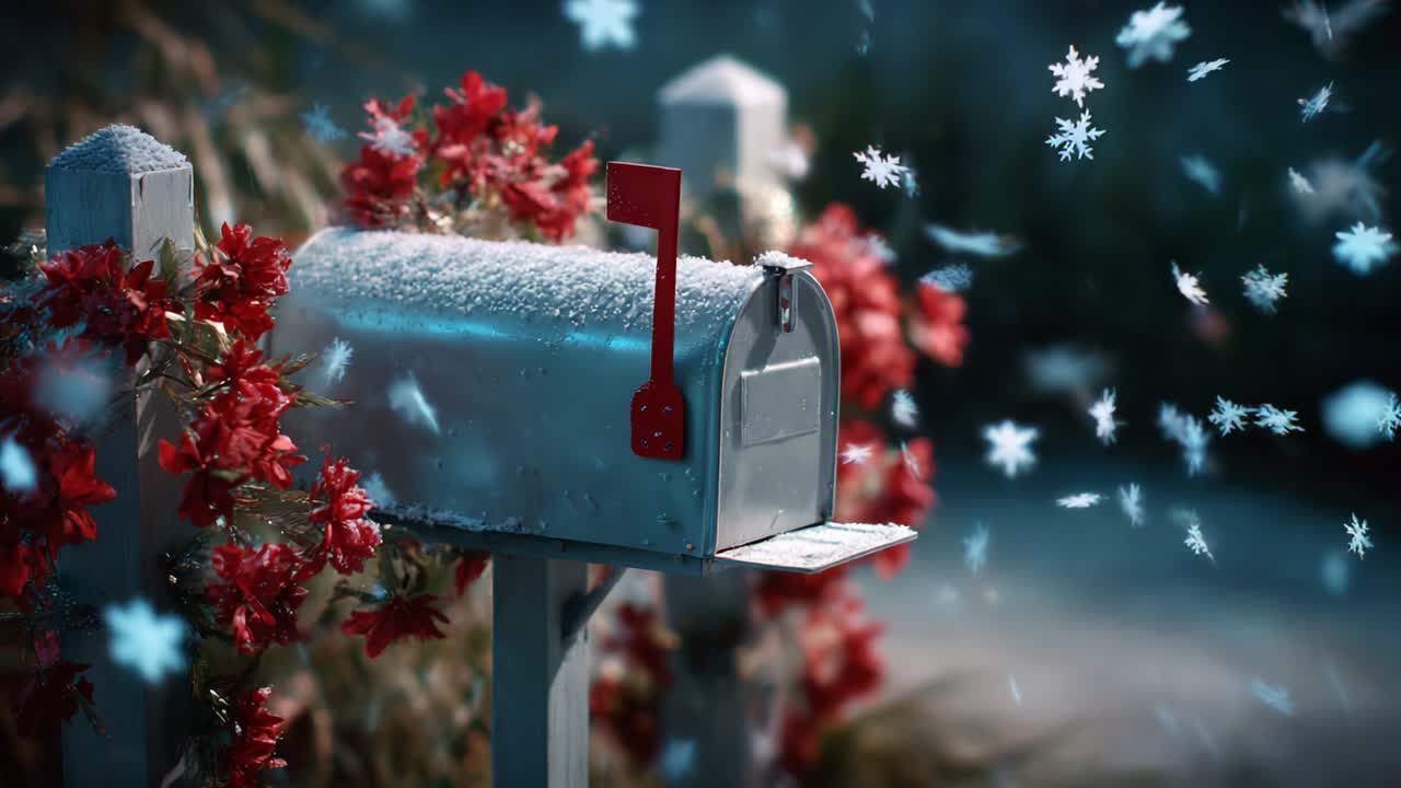 A serene winter scene featuring a metallic mailbox adorned with vibrant red flowers, surrounded by gently falling snowflakes, capturing the cold beauty and tranquility of a snowy day in a picturesque setting
