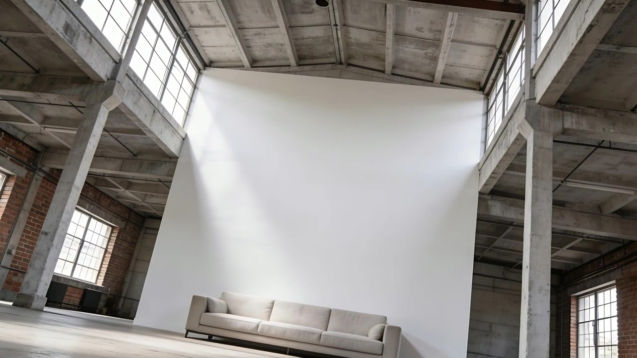 Telecamera inclinata che rivela un alto fondale bianco in un soppalco di scena, la luce del giorno che inonda il divano per mostrare lo spazio.