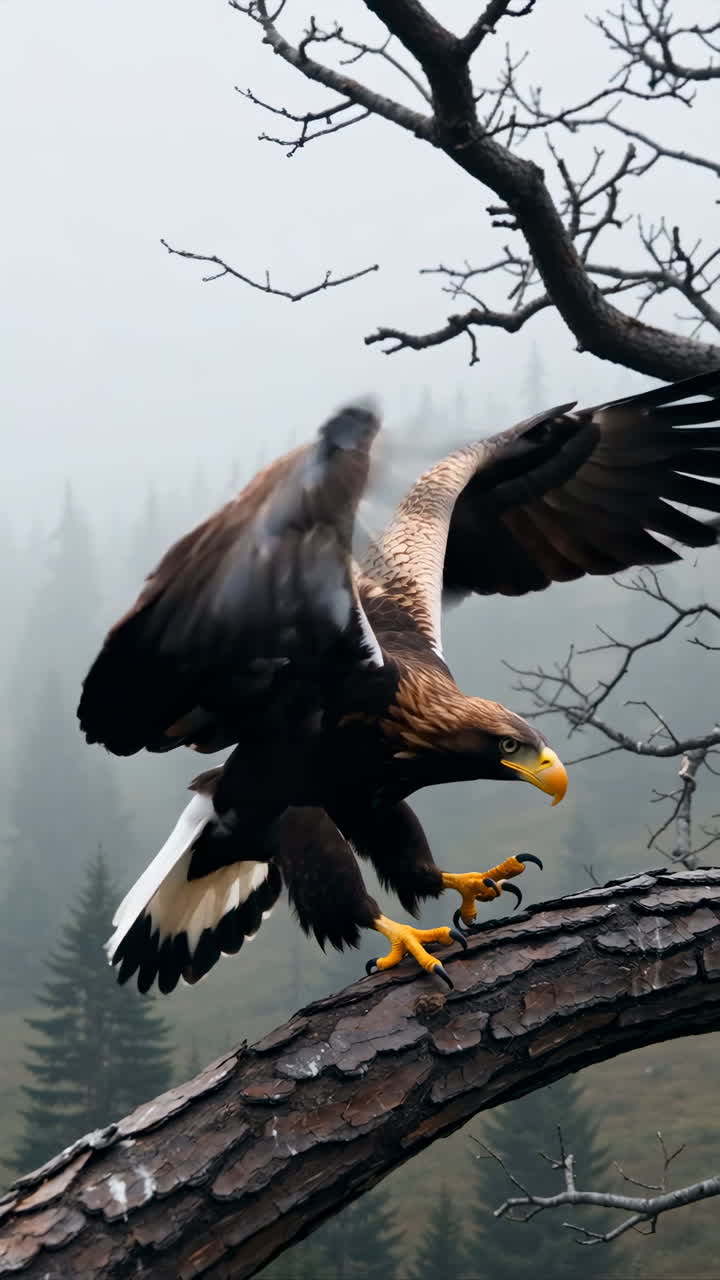 Golden Eagle landing on a branch in misty forest