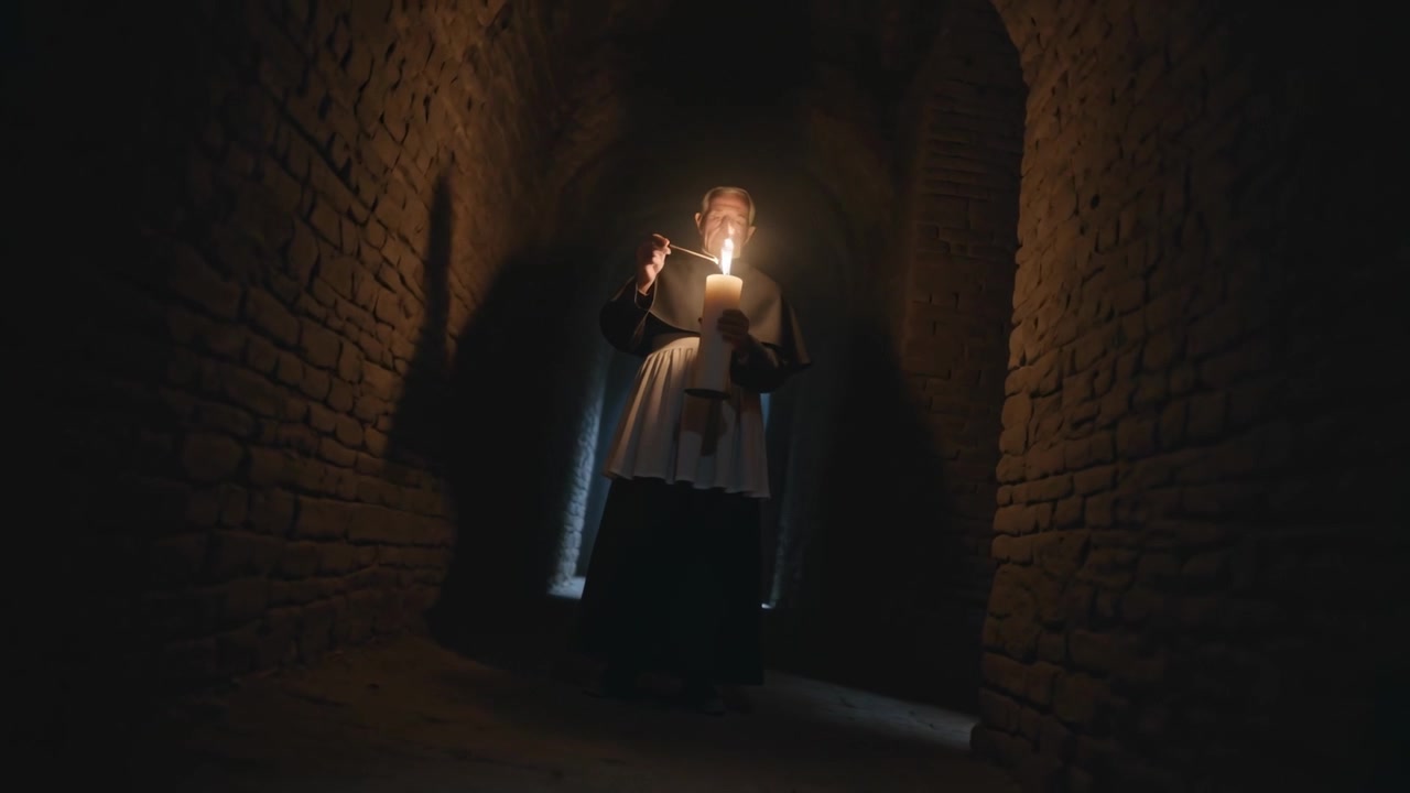 Homem de sobrepeliz acendendo uma vela grande, trazendo uma vela fina, acendendo a chama, iluminando a cripta.