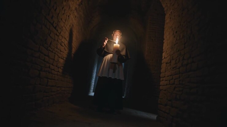 Uomo in cotta che tiene una candela a colonna, avvicinando un cero, accendendo la fiamma e illuminando la cripta.