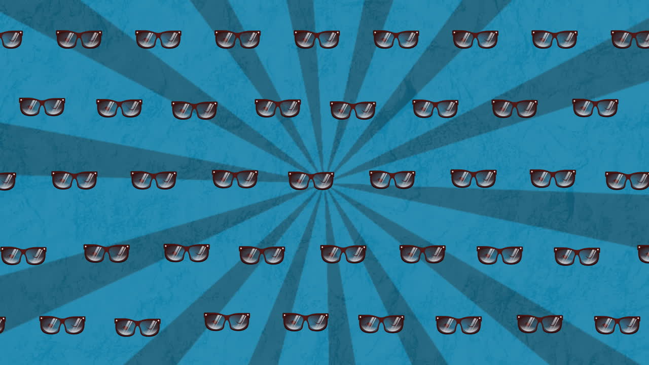 Animation of sunglasses in repetition over stripes on blue background