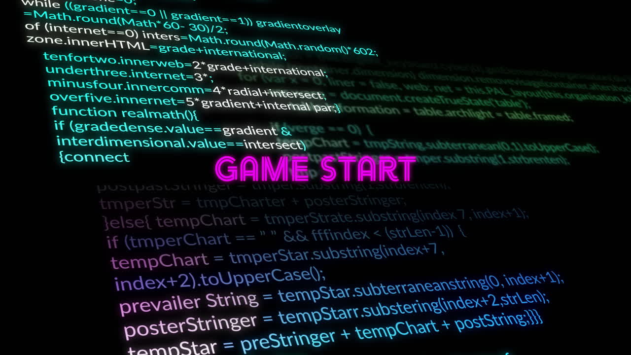 Animation of Game Start text glowing over colorful programming code background