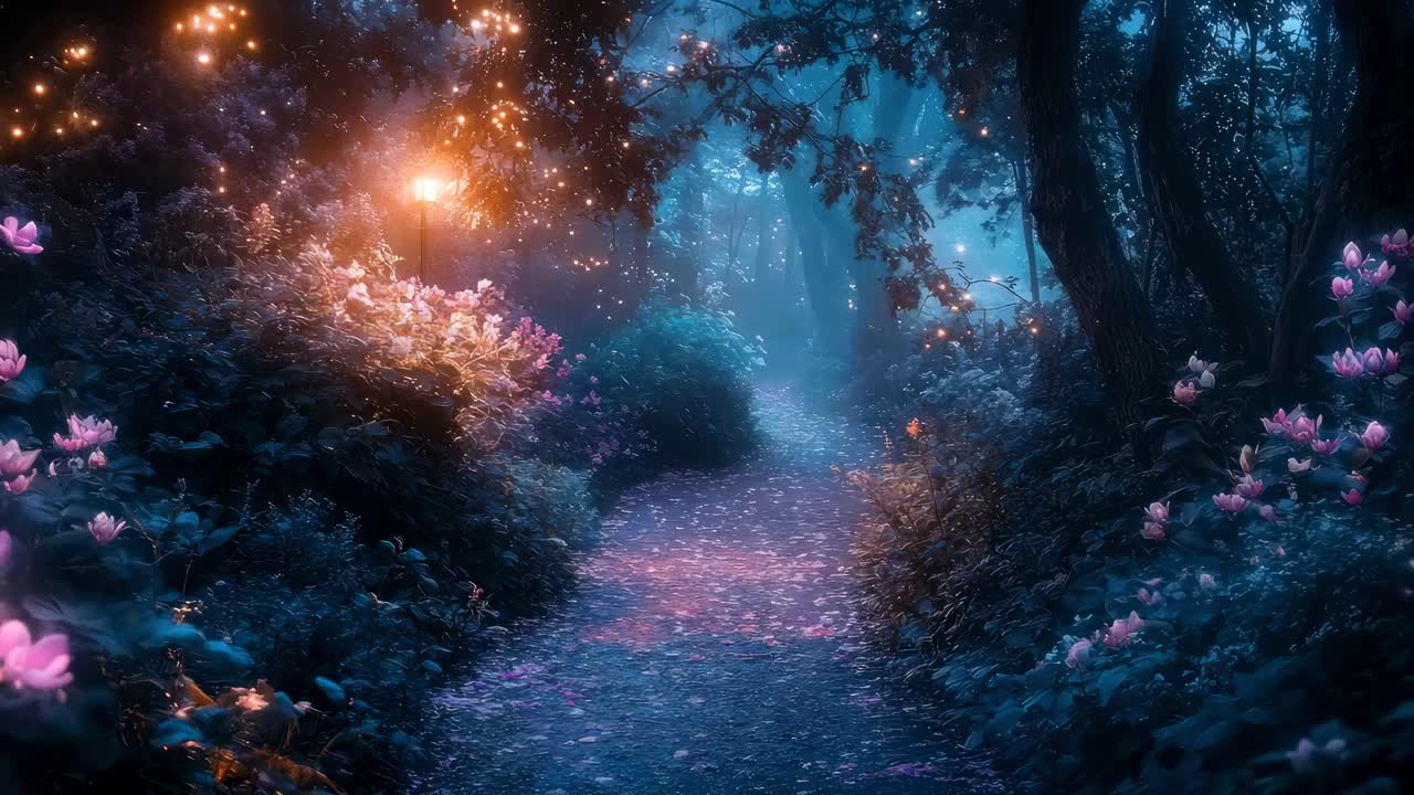 A magical forest path at twilight, illuminated by glowing lights