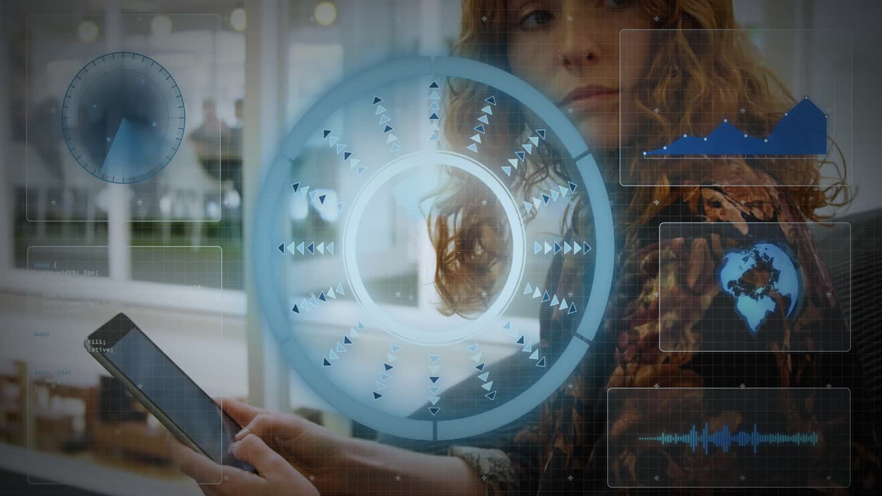 Woman raising tablet and tapping, causing blue HUD animating, charts updating for tech analytics