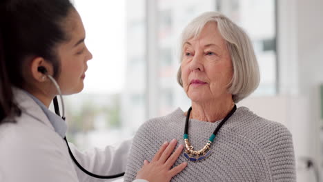 Woman,-doctor-and-listening-for-patient-heart-beat