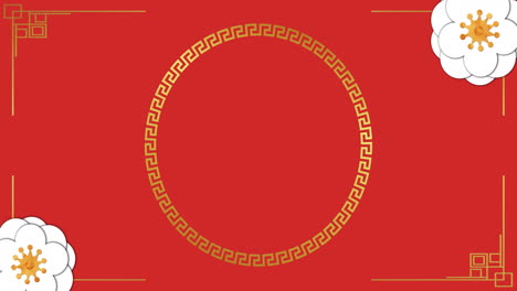 animación de patrón chino y decoración de flores sobre fondo rojo