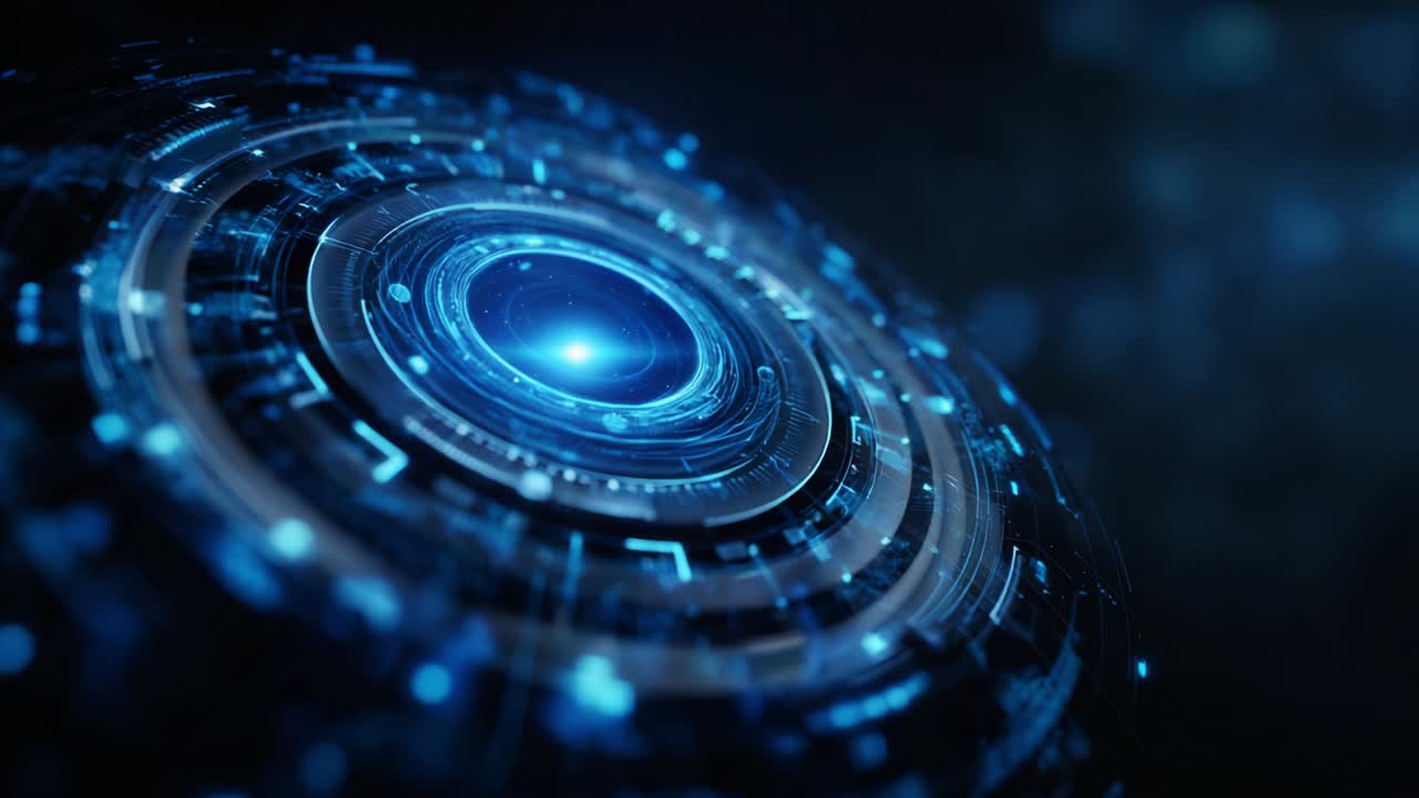 A Stunning Digital Sphere Radiating Blue Energy: This Visual Emphasizes Advanced Technology with Intricate Circuit Patterns and a Central Light Source, Signifying Future Innovations and Exploration