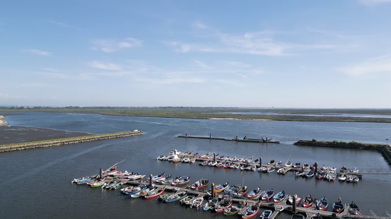 케이스 도 비코 (cais do bico) 의 공중 파노라마, 무르토사 (murtosa), 아베이로 (aveiro) 에 정박한 전통 보트