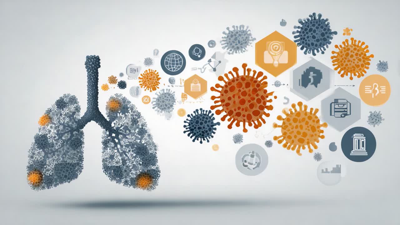 Udforsk sammenhængen mellem lunger, virus og sundhed gennem visuel repræsentation af biologiske strukturer og infografik