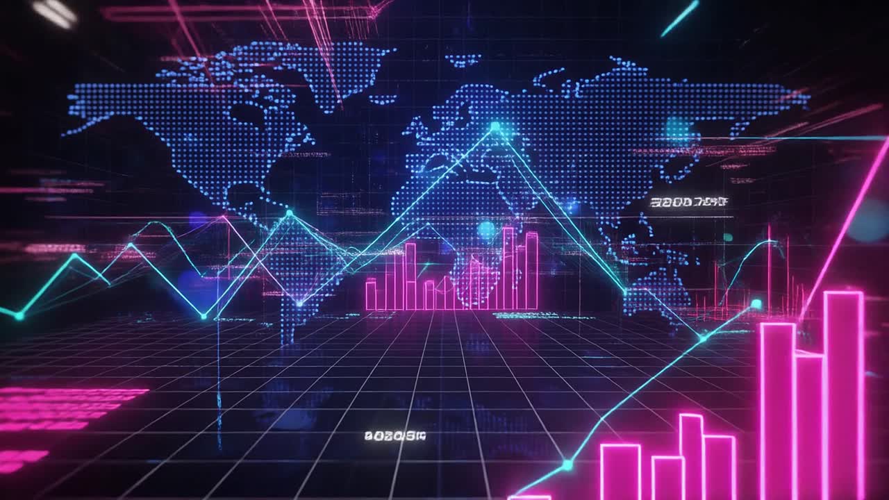 Futuristic Digital Display of Global Business Data and Charts