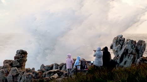 Familie-Beobachtet-Meeresspektakel-Am-Ufer,-Als-Riesige-Welle-Gegen-Felsen-Kracht,-Zeitlupe