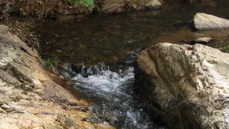 Crystal-clear-fresh-mountain-waterfall-crocodile-river-water-sparkling-and-flowing-over-rocks-and-pebbles-in-the-background-at-the-walter-sisulu-national-botanical-gardens-in-roodepoort,-South-Africa