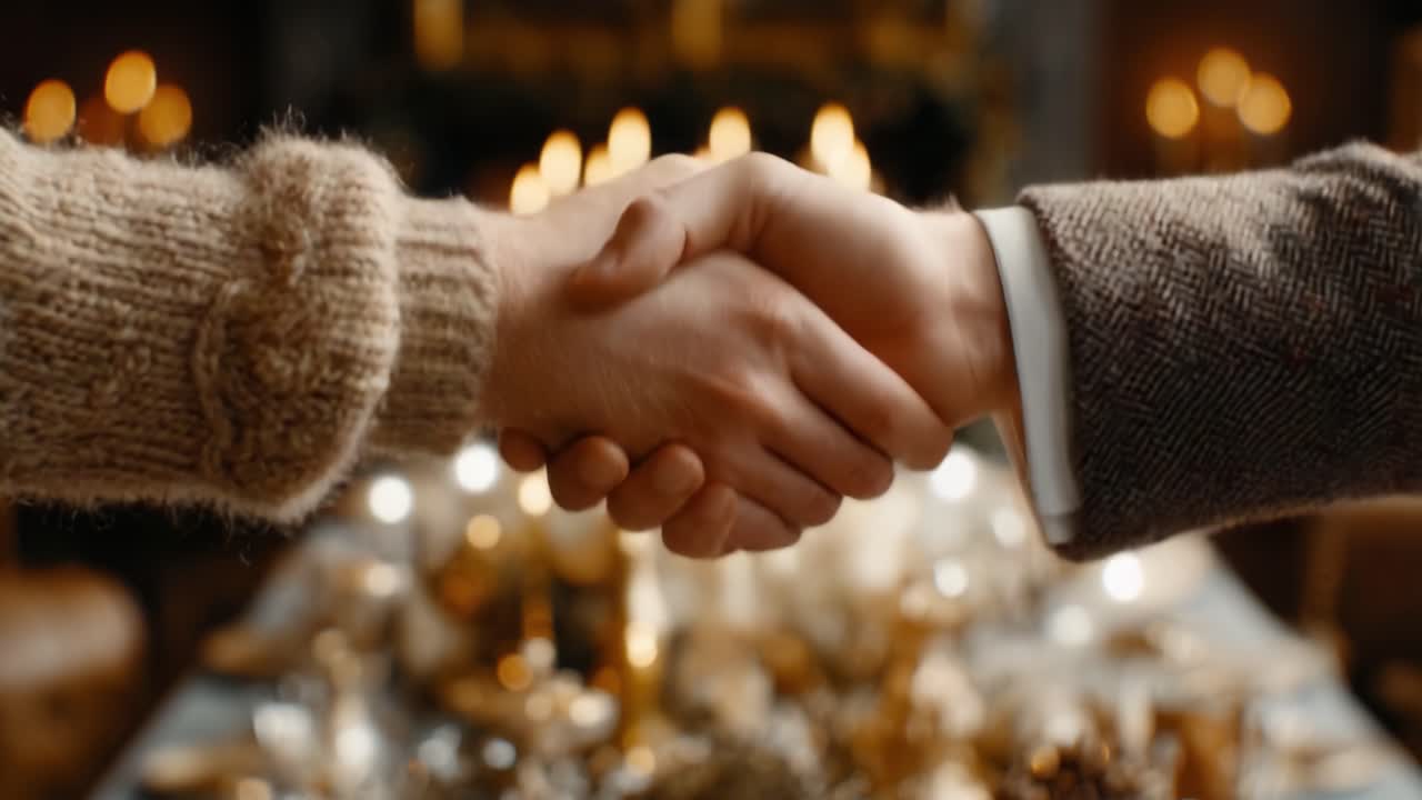 A Warm Gesture of Agreement: Two Individuals Sharing a Handshake at a Festive Table Setting with Candles and Holiday Decor in the Background