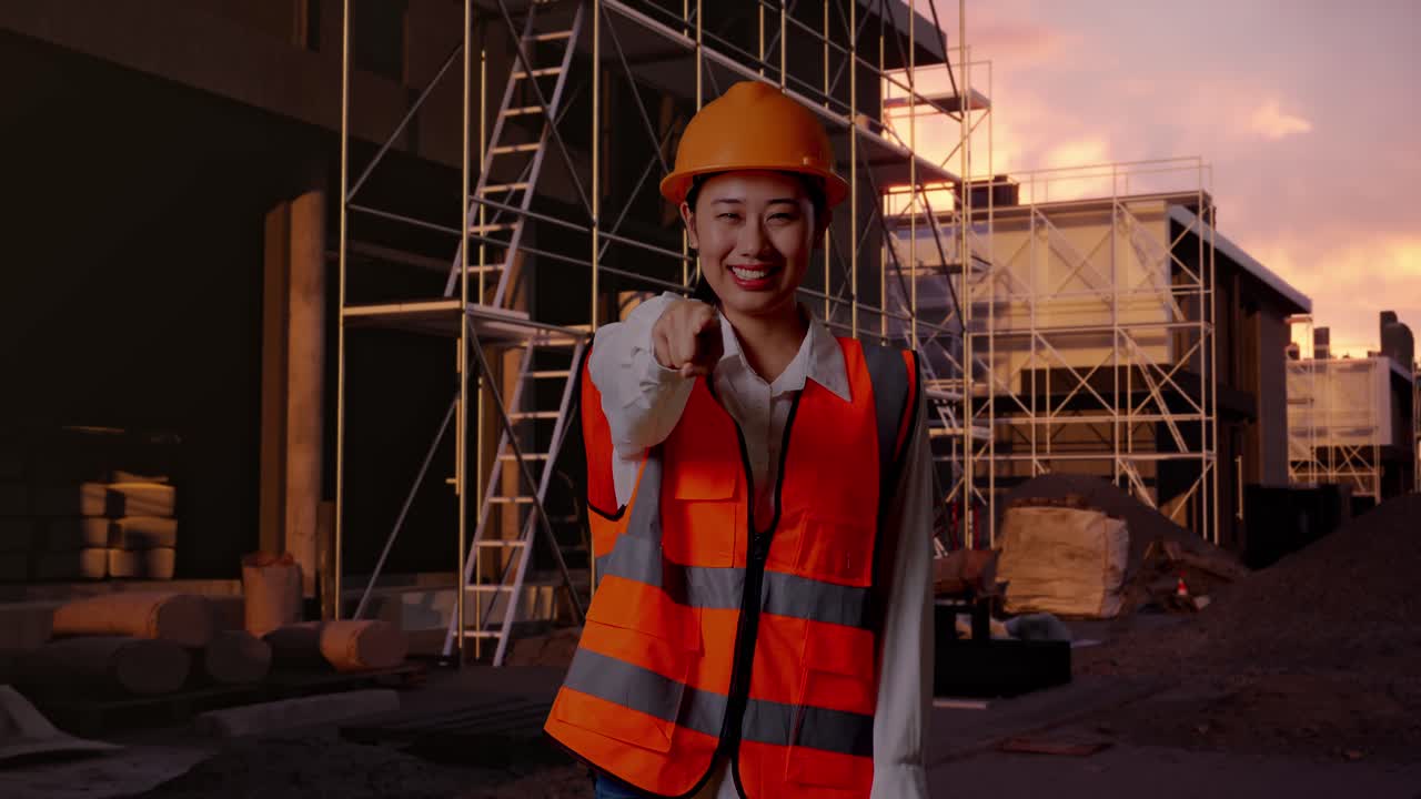 Asian Female Engineer With Safety Helmet Smiling And Touching Her Chest Then Pointing At You While Standing At Construction Site in Progress to New House