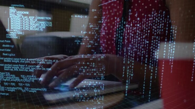 Animation of data processing over biracial woman using laptop