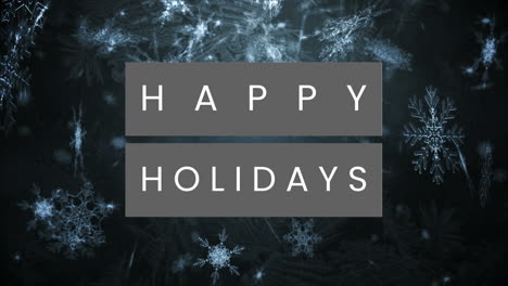 animation of happy holidays text banner over snowflakes falling against black background