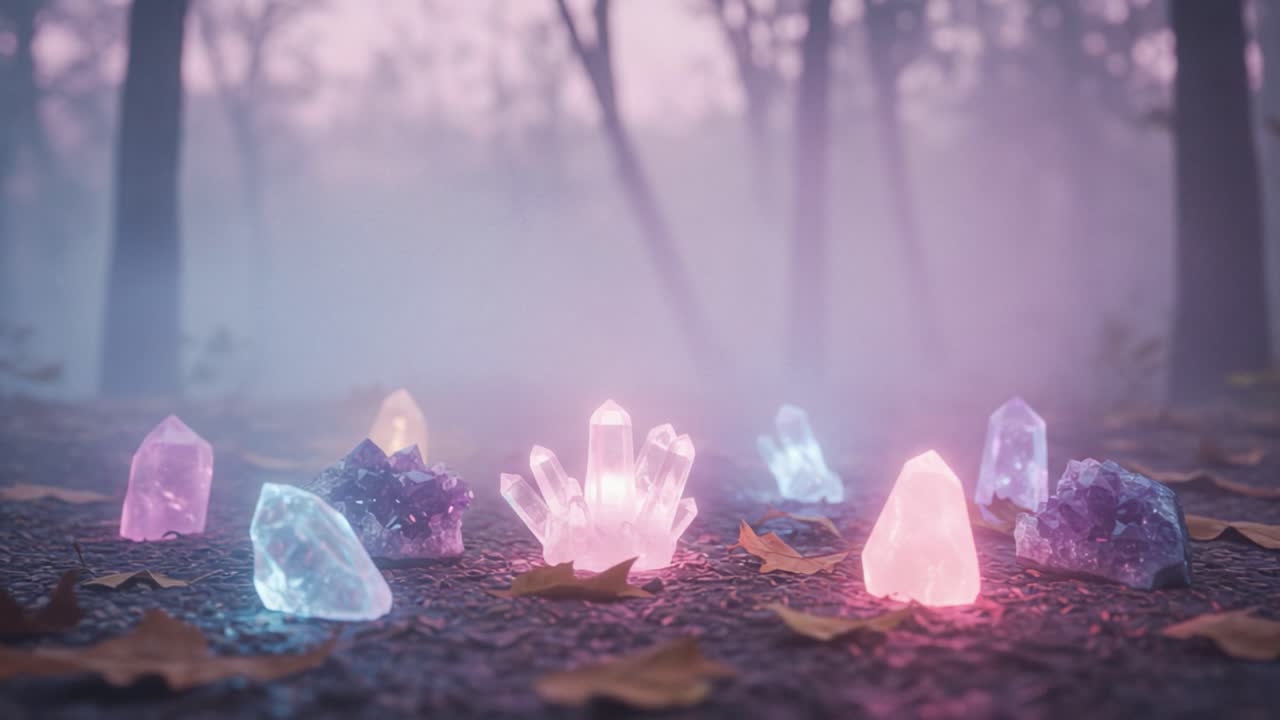 A Mesmerizing Display of Illuminated Crystals in a Misty Forest Setting, Capturing Their Ethereal Glow and Enchanting Beauty Amidst Fallen Leaves