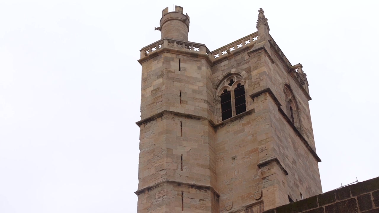 Una torre in pietra caratterizzata da elementi architettonici gotici si erge contro un cielo nuvoloso. Adatta per documentari storici o studi architettonici.